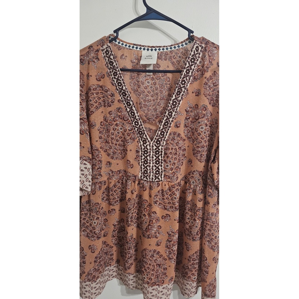 Knox Rose Sheer Top Womens XL Paisley Embroidered Trim Short Sleeves Peasant - Picture 3 of 9